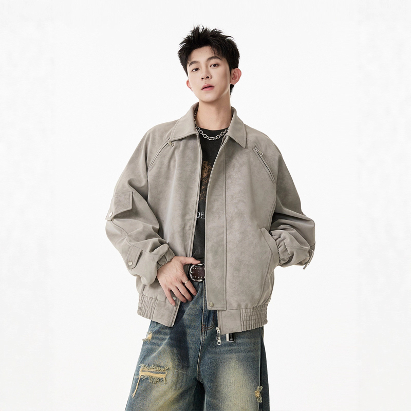 PU kožená bunda Harrington štýlu s turn-down golierom, zipsom, bočnými vreckami, polyesterovou podšívkou, retro dizajn