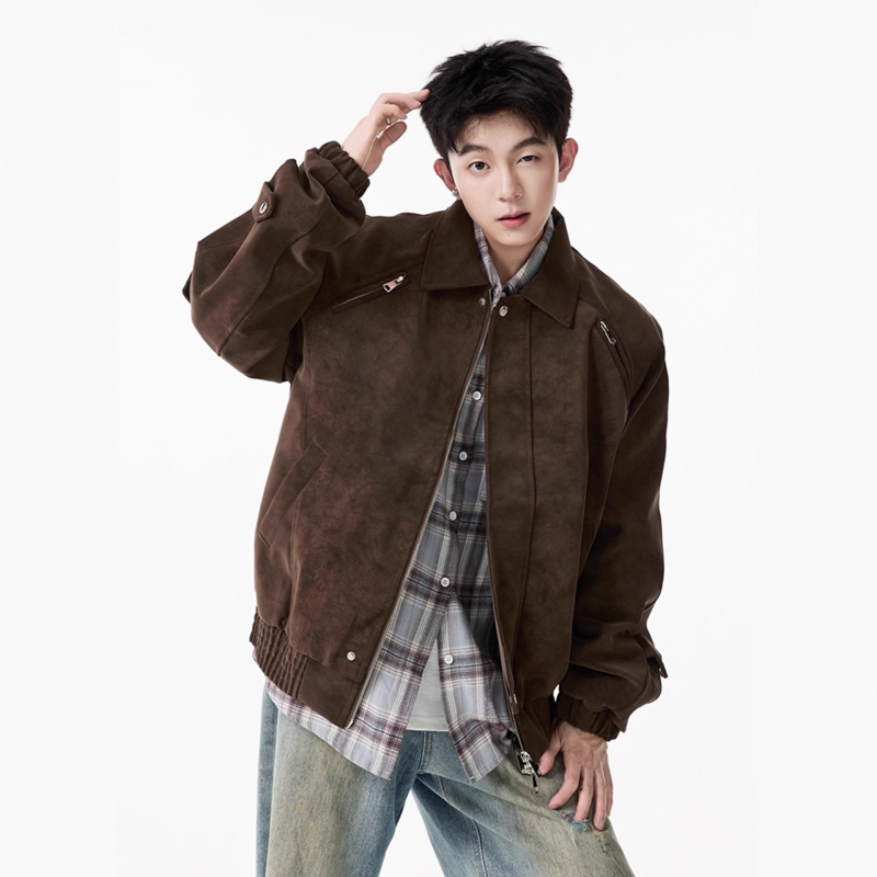 PU kožená bunda Harrington štýlu s turn-down golierom, zipsom, bočnými vreckami, polyesterovou podšívkou, retro dizajn