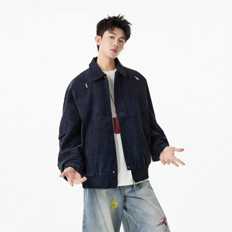 PU kožená bunda Harrington štýlu s turn-down golierom, zipsom, bočnými vreckami, polyesterovou podšívkou, retro dizajn