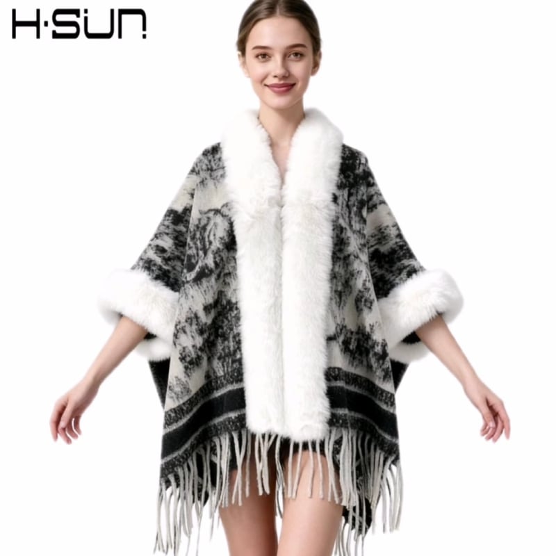 Плетен шал-пелерa с геометричен мотив, вълнена материя, плоска тъкане, топъл и елегантен стил