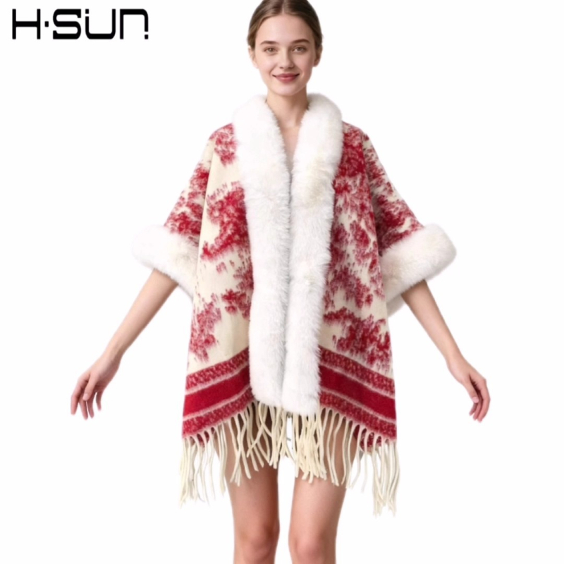 Плетен шал-пелерa с геометричен мотив, вълнена материя, плоска тъкане, топъл и елегантен стил