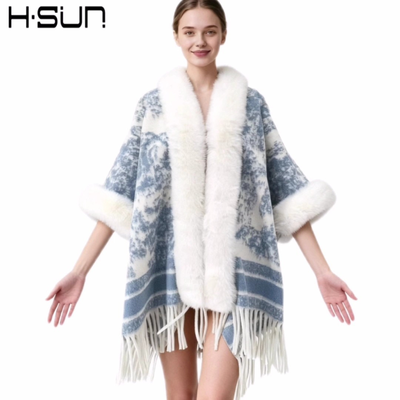 Плетен шал-пелерa с геометричен мотив, вълнена материя, плоска тъкане, топъл и елегантен стил