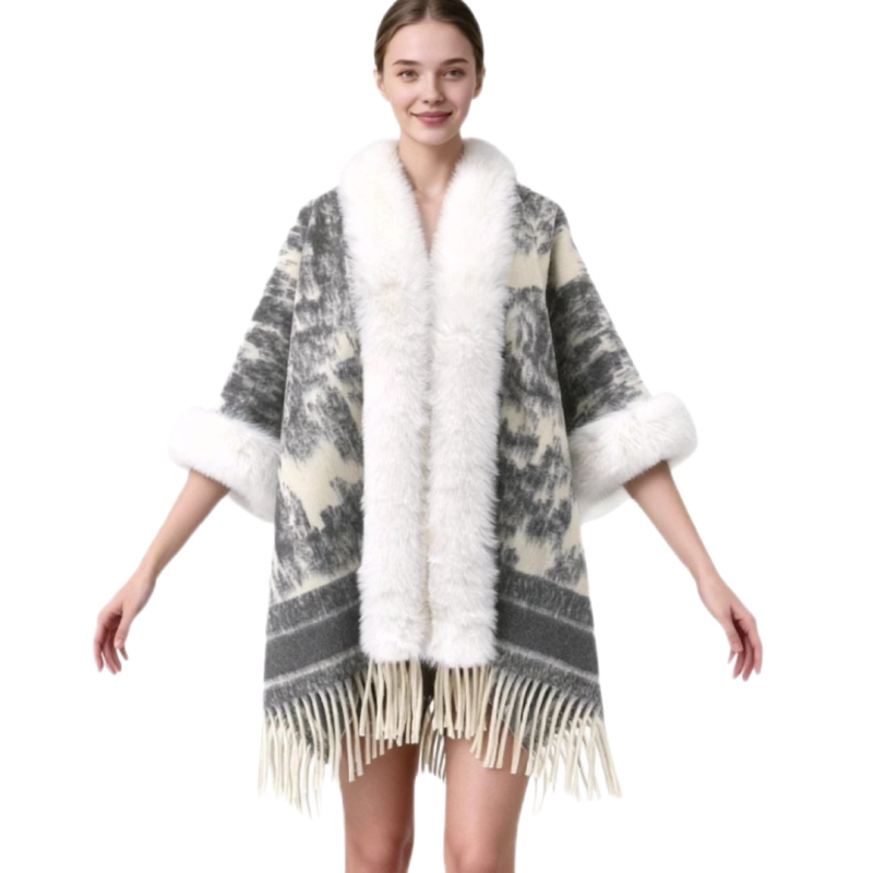 Плетен шал-пелерa с геометричен мотив, вълнена материя, плоска тъкане, топъл и елегантен стил