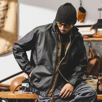 Bunda z PU kože, Amekaji štýl, stojací golier, zips, voľný strih