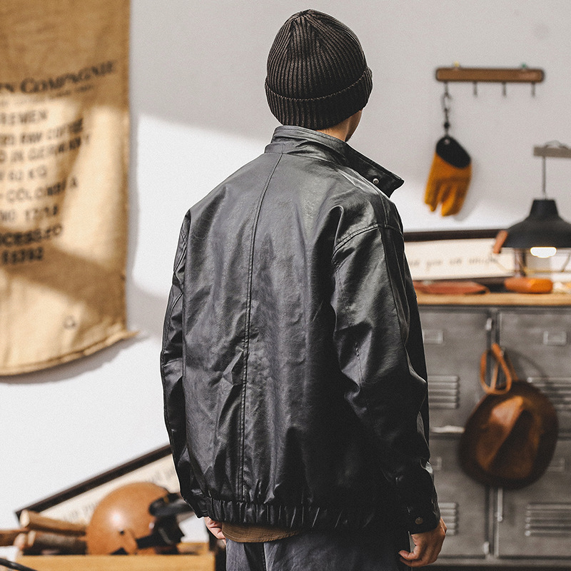 Bunda z PU kože, Amekaji štýl, stojací golier, zips, voľný strih