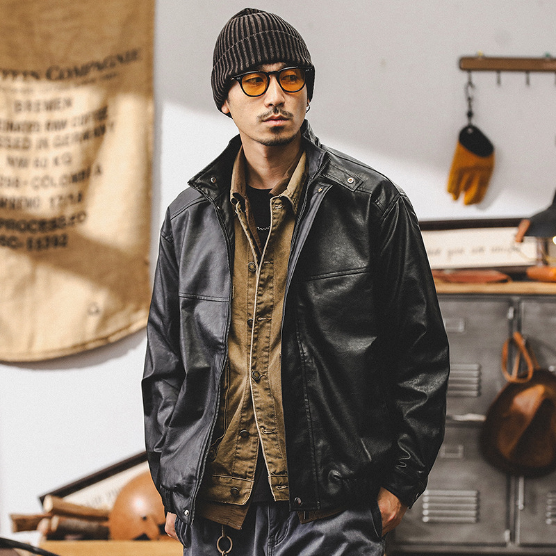 Bunda z PU kože, Amekaji štýl, stojací golier, zips, voľný strih