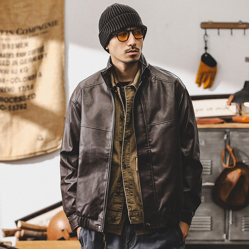 Bunda z PU kože, Amekaji štýl, stojací golier, zips, voľný strih