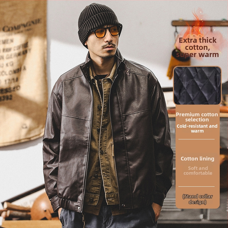 Bunda z PU kože, Amekaji štýl, stojací golier, zips, voľný strih