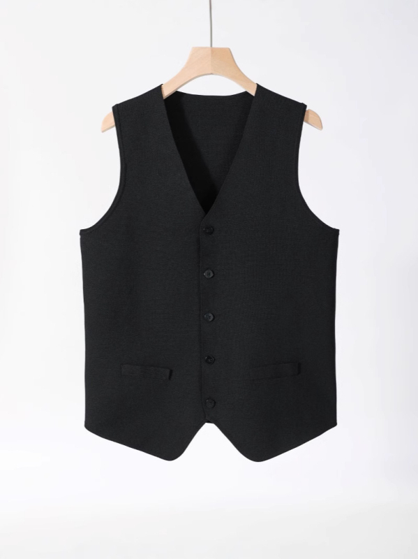 Pánska vesta do saka, korejský štýl, štíhla siluéta, bez rukávov, stojací golier, jednoradové zapínanie, vlnený zmes 30–35%