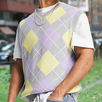 Pánska bezrukávová tenká pletená vesta s romboidným jacquardom a vzorom, 36–40% zajačej srsti