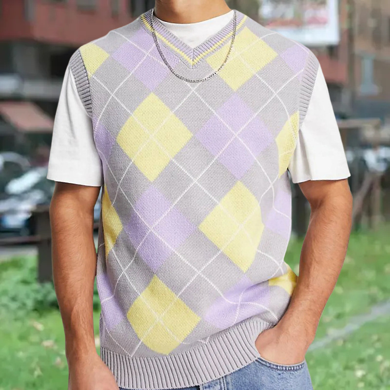 Pánska bezrukávová tenká pletená vesta s romboidným jacquardom a vzorom, 36–40% zajačej srsti