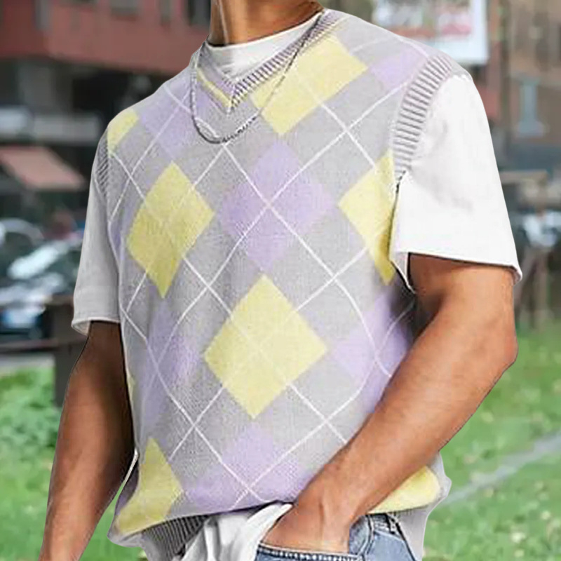 Pánska bezrukávová tenká pletená vesta s romboidným jacquardom a vzorom, 36–40% zajačej srsti