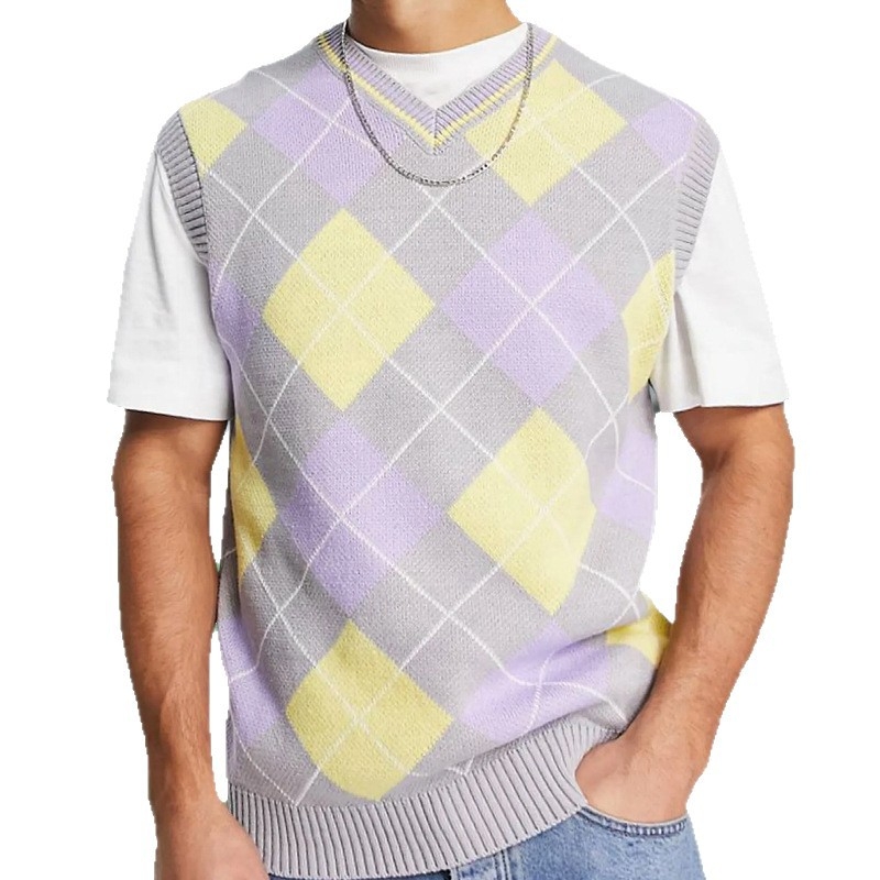 Pánska bezrukávová tenká pletená vesta s romboidným jacquardom a vzorom, 36–40% zajačej srsti