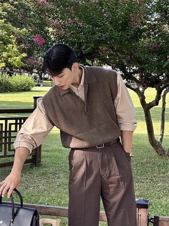 Pánske bezrukávové pletené tielko v japonskom štýle retro, jar–jeseň, 100% polyester, polo golier