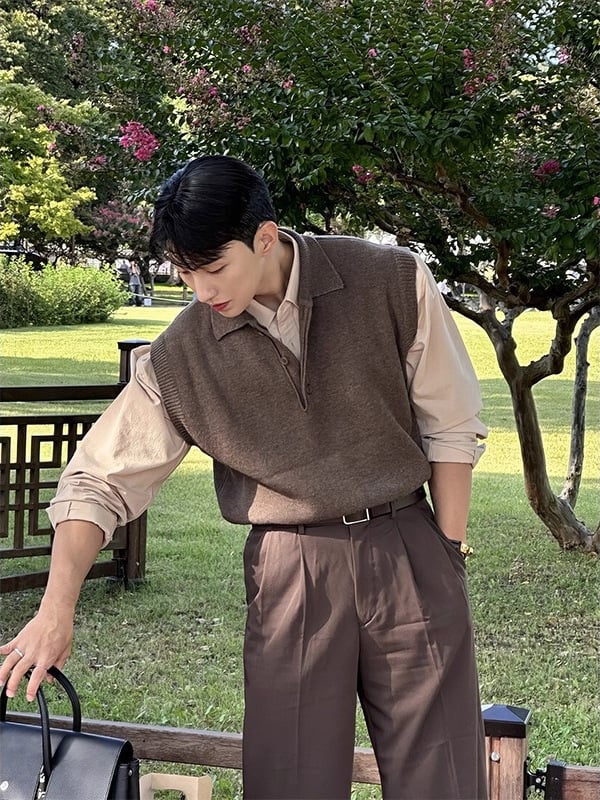 Pánske bezrukávové pletené tielko v japonskom štýle retro, jar–jeseň, 100% polyester, polo golier