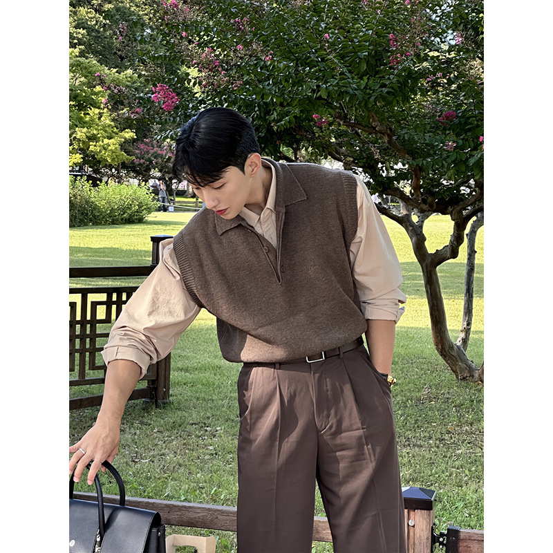 Pánske bezrukávové pletené tielko v japonskom štýle retro, jar–jeseň, 100% polyester, polo golier