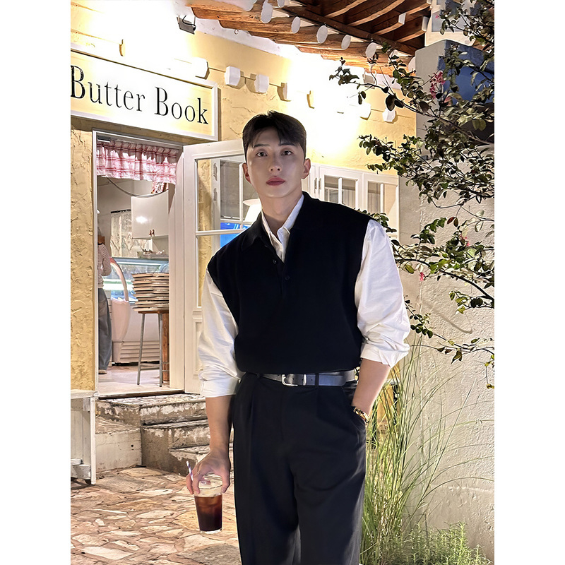 Pánske bezrukávové pletené tielko v japonskom štýle retro, jar–jeseň, 100% polyester, polo golier