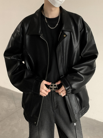 PU kožená bomber bunda pre mužov – americký štýl, voľný strih, zips vpredu, polyesterová podšívka, jesenná sezóna