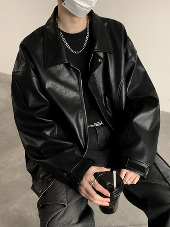 PU kožená bomber bunda pre mužov – americký štýl, voľný strih, zips vpredu, polyesterová podšívka, jesenná sezóna