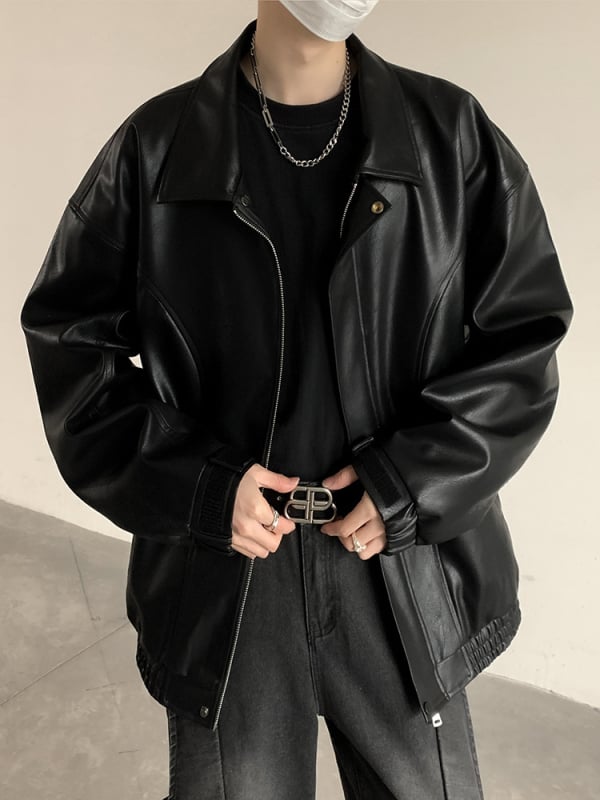 PU kožená bomber bunda pre mužov – americký štýl, voľný strih, zips vpredu, polyesterová podšívka, jesenná sezóna