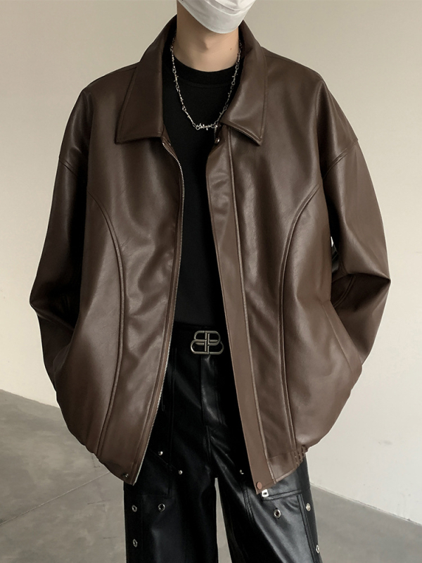 PU kožená bomber bunda pre mužov – americký štýl, voľný strih, zips vpredu, polyesterová podšívka, jesenná sezóna