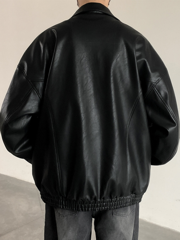 PU kožená bomber bunda pre mužov – americký štýl, voľný strih, zips vpredu, polyesterová podšívka, jesenná sezóna