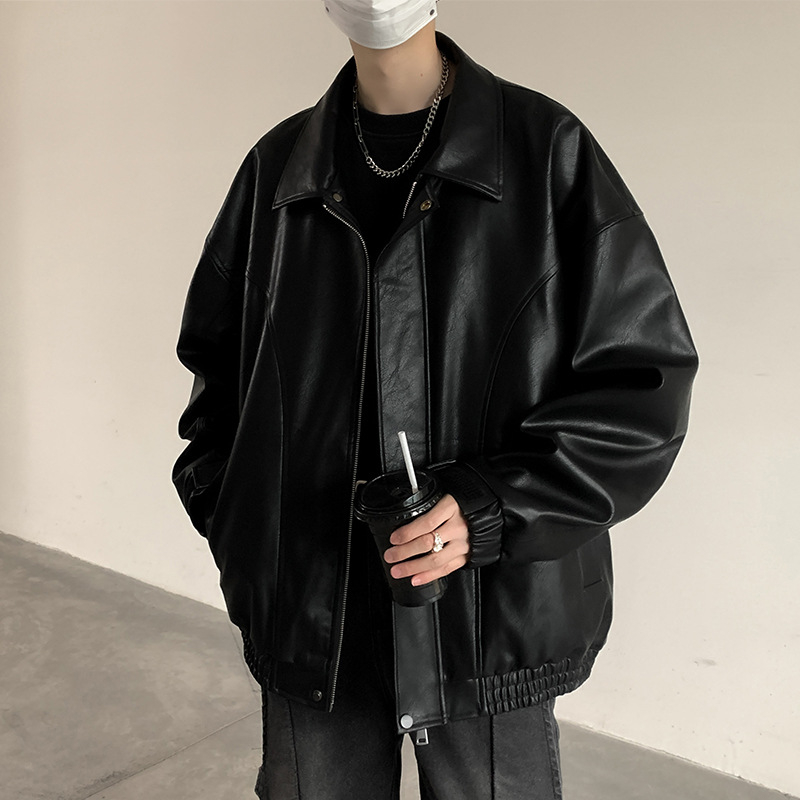 PU kožená bomber bunda pre mužov – americký štýl, voľný strih, zips vpredu, polyesterová podšívka, jesenná sezóna