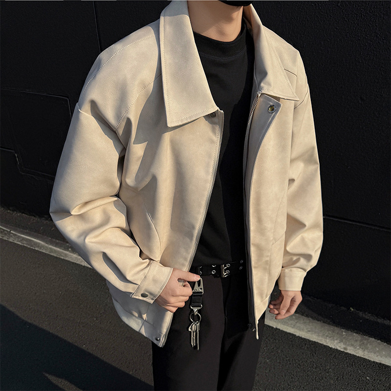 PU kožená bomber bunda pre mužov – americký štýl, voľný strih, zips vpredu, polyesterová podšívka, jesenná sezóna