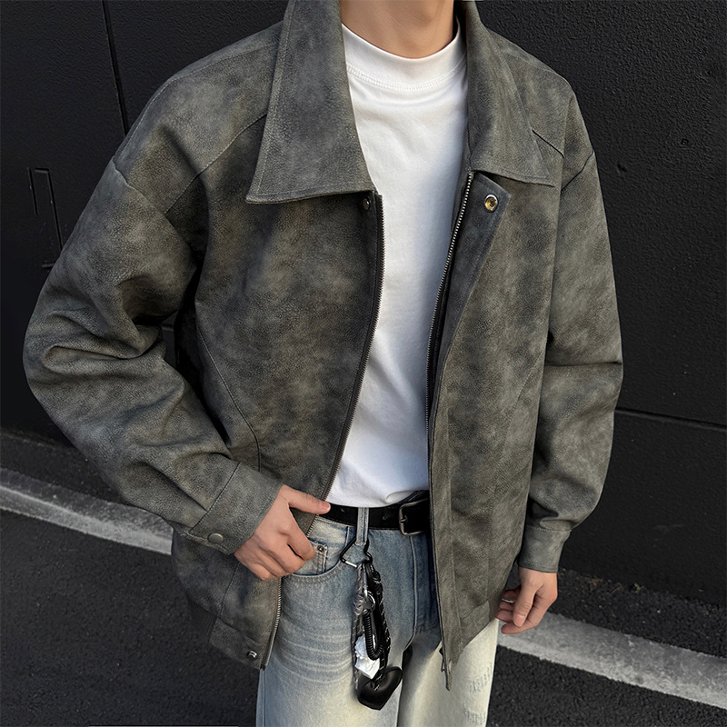 PU kožená bomber bunda pre mužov – americký štýl, voľný strih, zips vpredu, polyesterová podšívka, jesenná sezóna