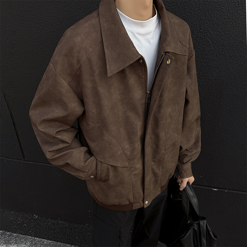 PU kožená bomber bunda pre mužov – americký štýl, voľný strih, zips vpredu, polyesterová podšívka, jesenná sezóna