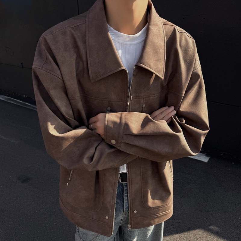 PU kožená bomber bunda pre mužov – americký štýl, voľný strih, zips vpredu, polyesterová podšívka, jesenná sezóna