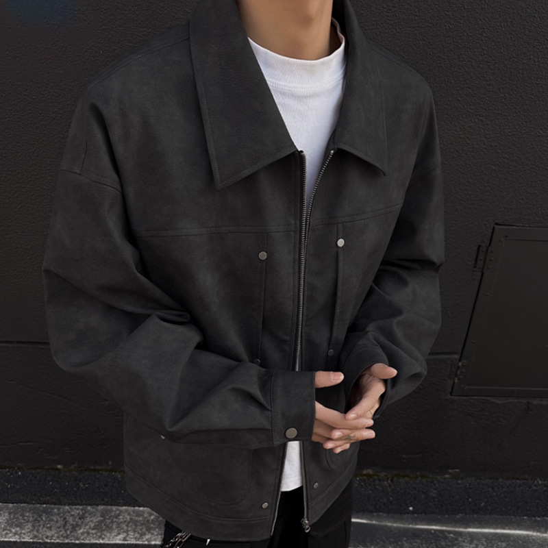 PU kožená bomber bunda pre mužov – americký štýl, voľný strih, zips vpredu, polyesterová podšívka, jesenná sezóna