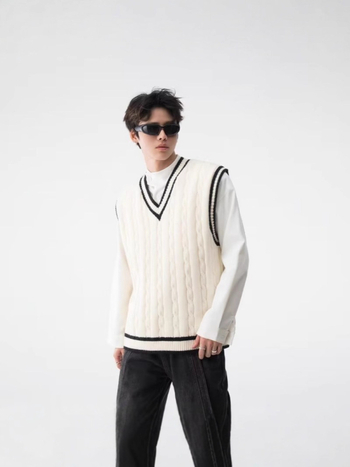 Pánska pletená vesta bez rukávov, s V‑krkom, akadémsky štýl, voľný strih, stredná hrúbka, kožušina z králika 100%