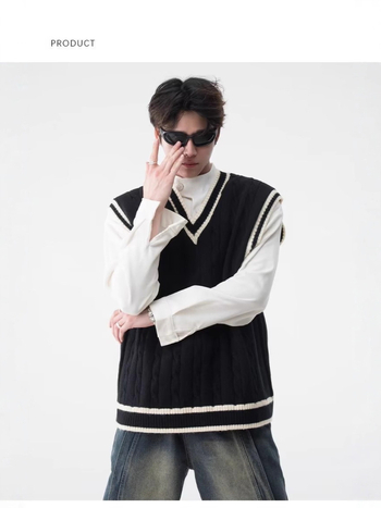 Pánska pletená vesta bez rukávov, s V‑krkom, akadémsky štýl, voľný strih, stredná hrúbka, kožušina z králika 100%