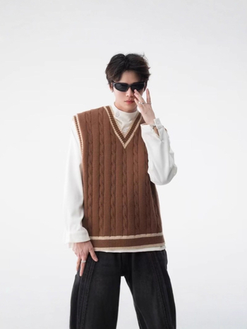 Pánska pletená vesta bez rukávov, s V‑krkom, akadémsky štýl, voľný strih, stredná hrúbka, kožušina z králika 100%