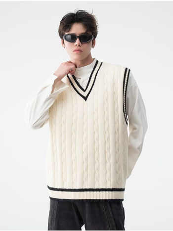 Pánska pletená vesta bez rukávov, s V‑krkom, akadémsky štýl, voľný strih, stredná hrúbka, kožušina z králika 100%