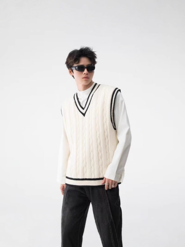 Pánska pletená vesta bez rukávov, s V‑krkom, akadémsky štýl, voľný strih, stredná hrúbka, kožušina z králika 100%