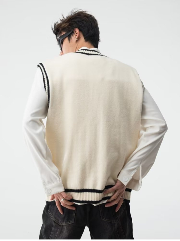 Pánska pletená vesta bez rukávov, s V‑krkom, akadémsky štýl, voľný strih, stredná hrúbka, kožušina z králika 100%