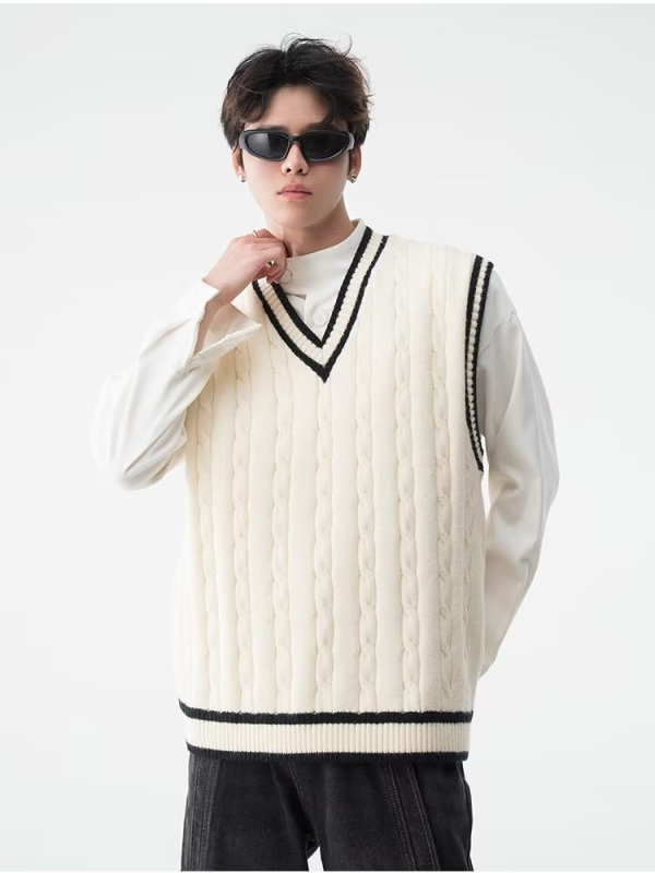 Pánska pletená vesta bez rukávov, s V‑krkom, akadémsky štýl, voľný strih, stredná hrúbka, kožušina z králika 100%