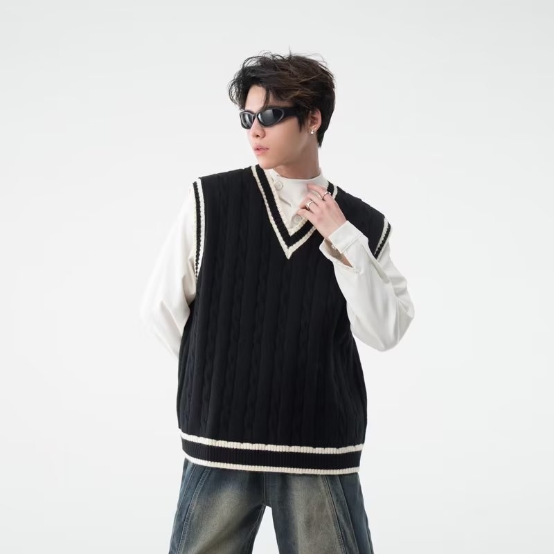 Pánska pletená vesta bez rukávov, s V‑krkom, akadémsky štýl, voľný strih, stredná hrúbka, kožušina z králika 100%