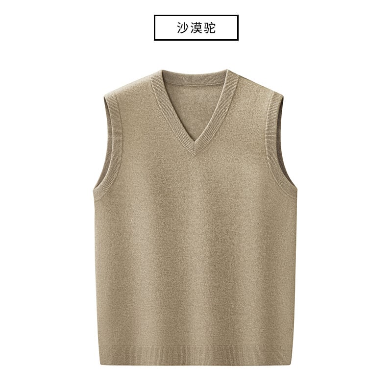Pánska kašmírová vesta s výstrihom do V, bez rukávov, 100% kašmír, zimný pletený dizajn.