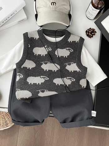 Chlapčenská pletená vesta v kórejskom štýle, s motívom zvierat, 50% akryl, polyesterová podšívka, vhodná na jar a jeseň