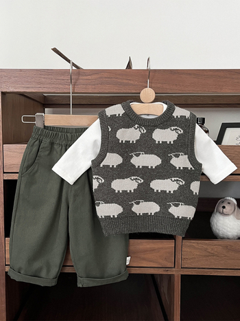 Chlapčenská pletená vesta v kórejskom štýle, s motívom zvierat, 50% akryl, polyesterová podšívka, vhodná na jar a jeseň