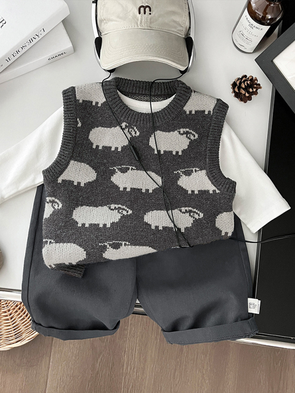 Chlapčenská pletená vesta v kórejskom štýle, s motívom zvierat, 50% akryl, polyesterová podšívka, vhodná na jar a jeseň