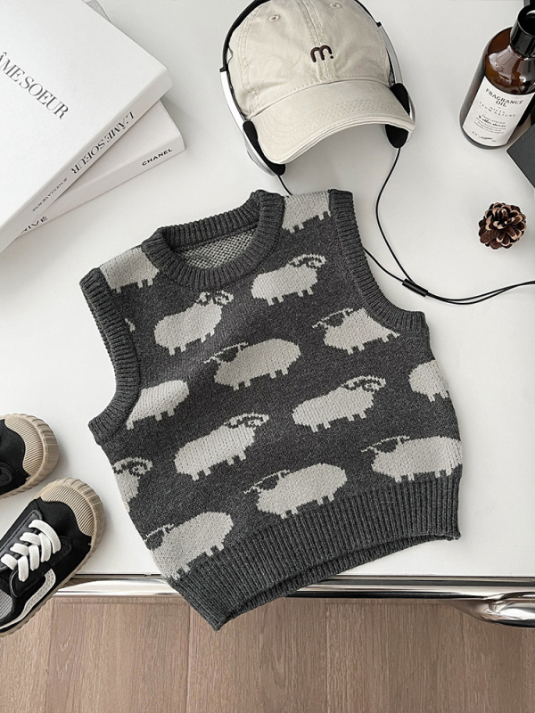 Chlapčenská pletená vesta v kórejskom štýle, s motívom zvierat, 50% akryl, polyesterová podšívka, vhodná na jar a jeseň