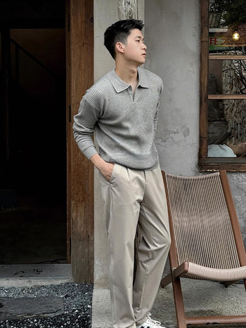 Мъжка плетена поло риза с дълги ръкави, яка с обръщане, пуловерен стил, 100% полиестер, ежедневна дреха за всички сезони.