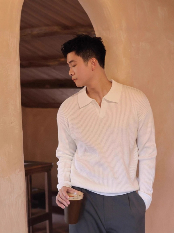 Мъжка плетена поло риза с дълги ръкави, яка с обръщане, пуловерен стил, 100% полиестер, ежедневна дреха за всички сезони.