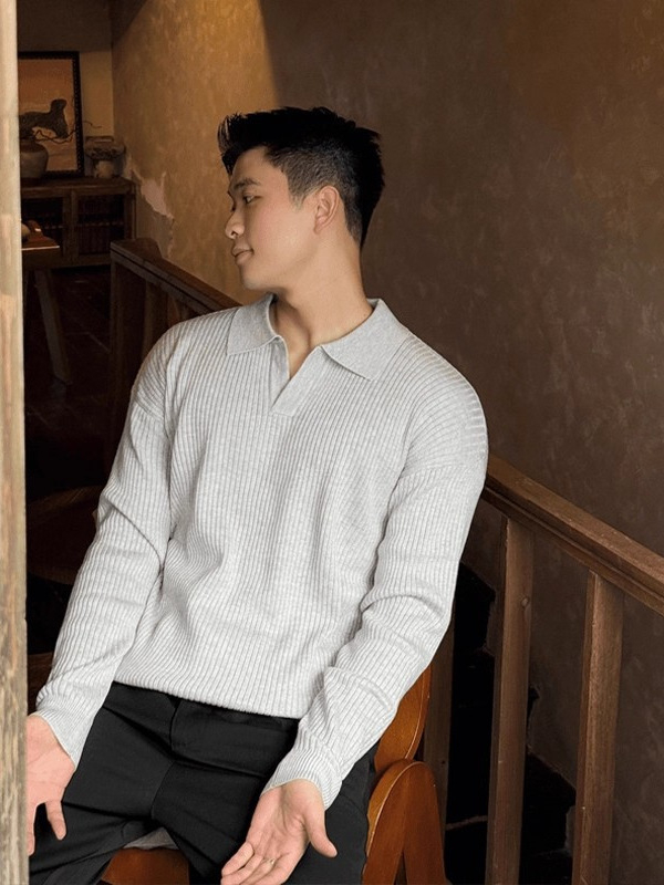 Мъжка плетена поло риза с дълги ръкави, яка с обръщане, пуловерен стил, 100% полиестер, ежедневна дреха за всички сезони.