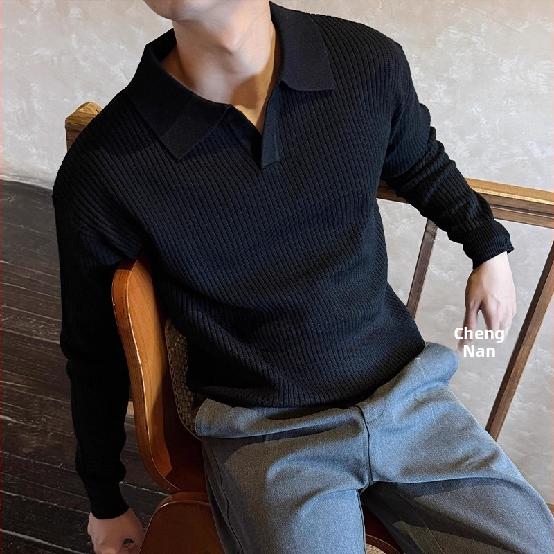 Мъжка плетена поло риза с дълги ръкави, яка с обръщане, пуловерен стил, 100% полиестер, ежедневна дреха за всички сезони.