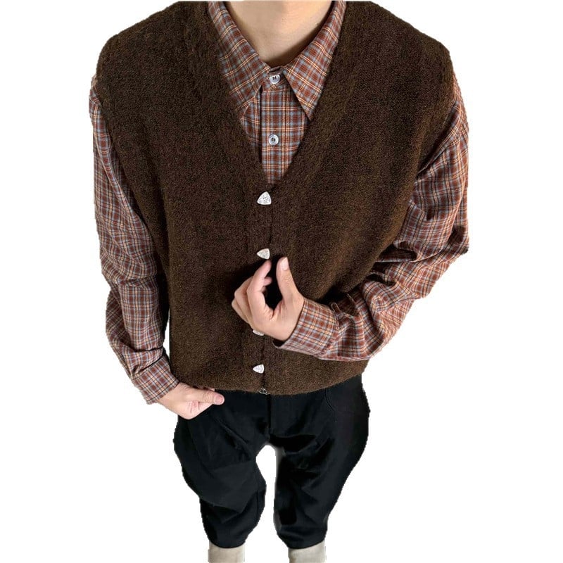 Bezrukávový kardigan s výstrihom do V, jednoradové zapínanie na gombíky, vlnená zmes 81–85%, voľný strih pre jar a jeseň